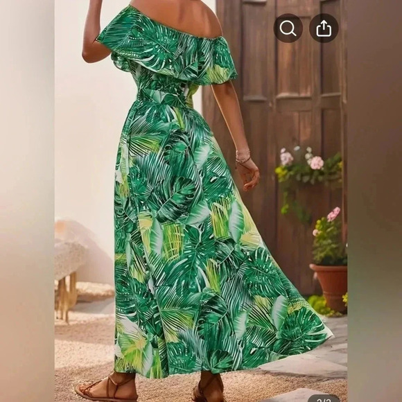 Tropical Green Off-Shoulder Maxi Dress - Picture 3 of 12